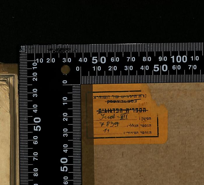 - (Hashomer Hatzair;Hashomer Hatzair), Etikett: Berufsangabe/Titel/Branche, Signatur, Exemplarnummer, Inventar-/ Zugangsnummer; 'כרת הידלים של השוה"צ...
במשמר העמק

הספריה הפדגוגית
Jud XII :הסימן
7839 :המספר הכללי
11 :המספר הסידורי'. 