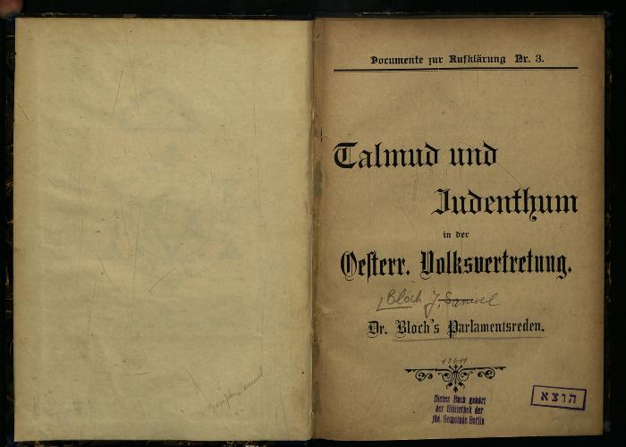 AN II 422 : Talmud und Judenthum in der Oesterr[eichischen] Volksvertretung. (1900)
