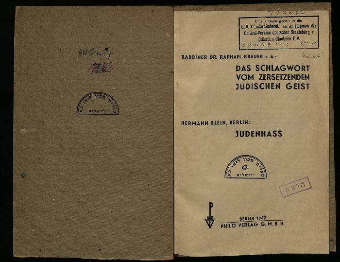 AN II 417 : Das Schlagwort vom zersetzenden jüdischen Geist ; Judenhass. (1932)