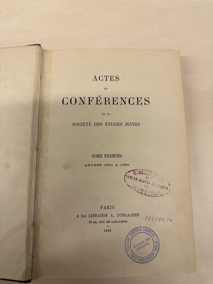 BA 6850.5 : Actes et conférences de la Société des Études Juives. (1886/89)