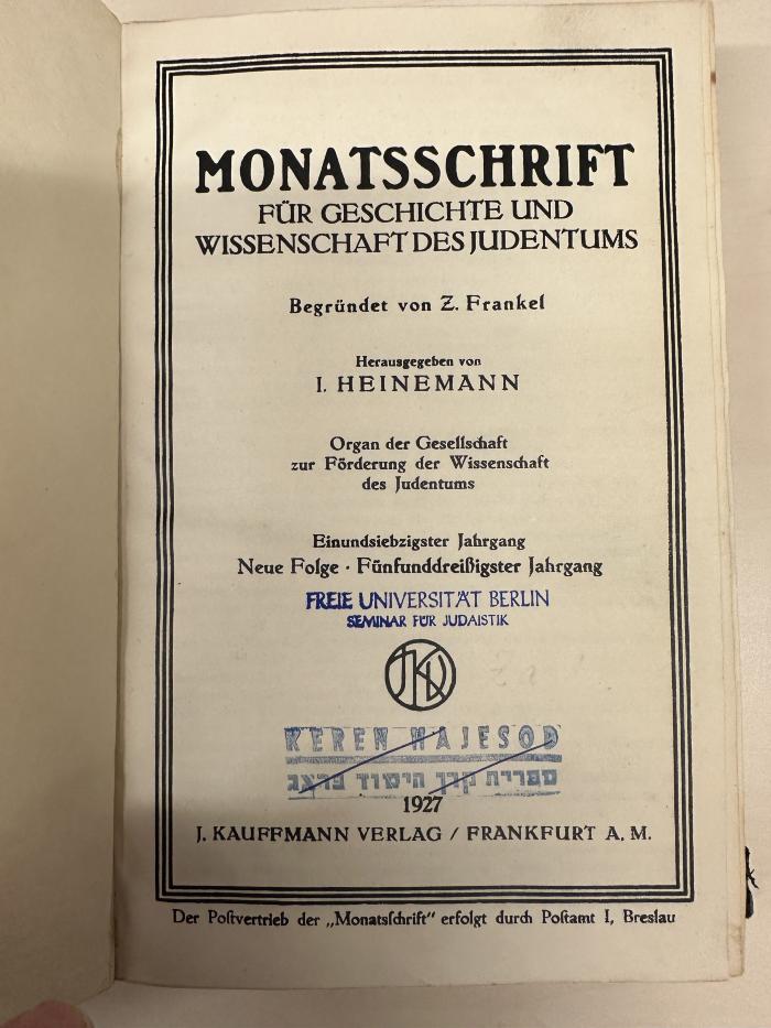 BA 4870 Jg. 1927: Monatsschrift für Geschichte und Wissenschaft des Judentums. (1927)