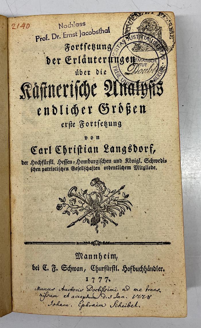 GB M 2178 : Erläuterungen der Kästnerischen Analysis endlicher Größen (1777)