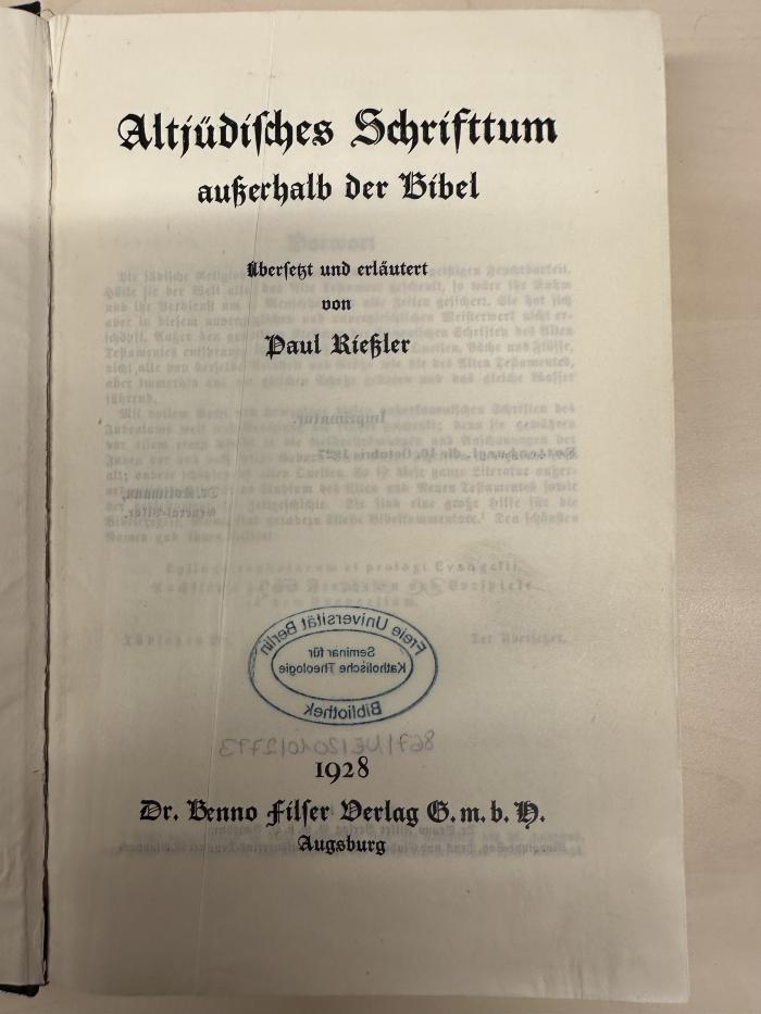 BC 3000 R562 : Altjüdisches Schrifttum außerhalb der Bibel (1928)