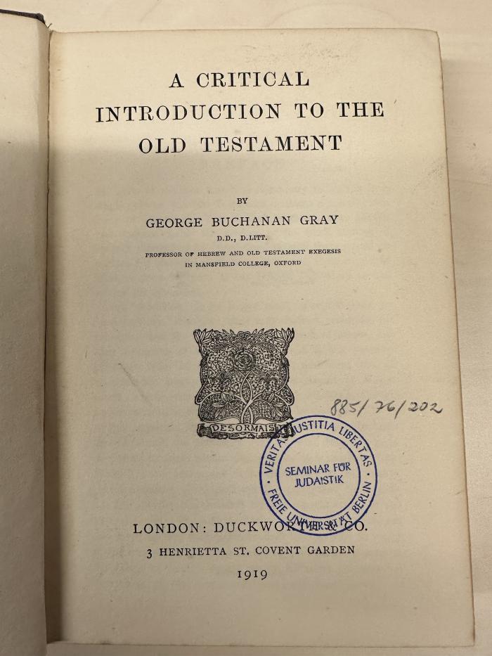 BC 6005 G778(.1919) : A critical introduction to the Old Testament (1919)