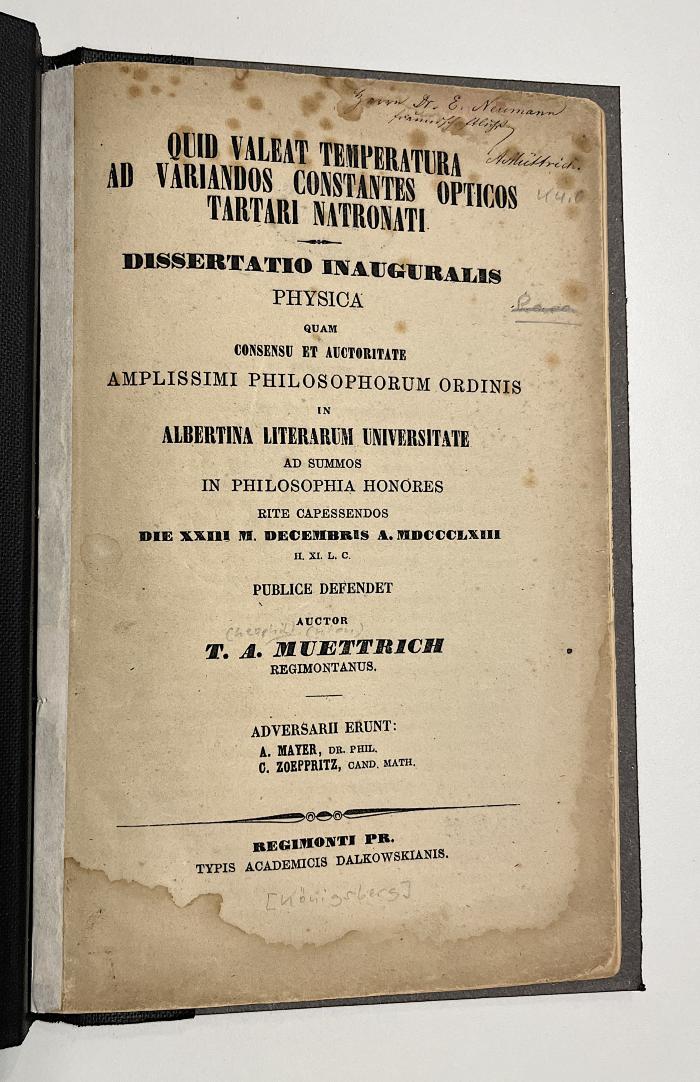 UH 1000 M948 : Quid valeat temperatura ad variandos constantes opticos tartari natronati. Dissertation Inauguralis Physica (1863)