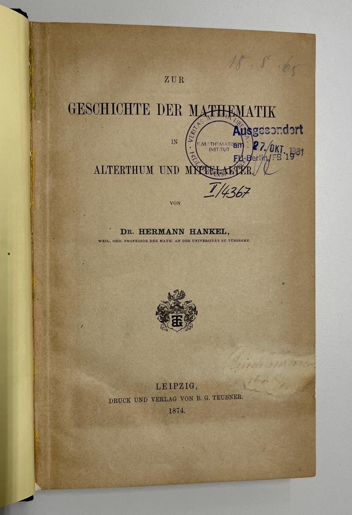 SG 500 H241 : Zur Geschichte der Mathematik in Alterthum und Mittelalter (1874)