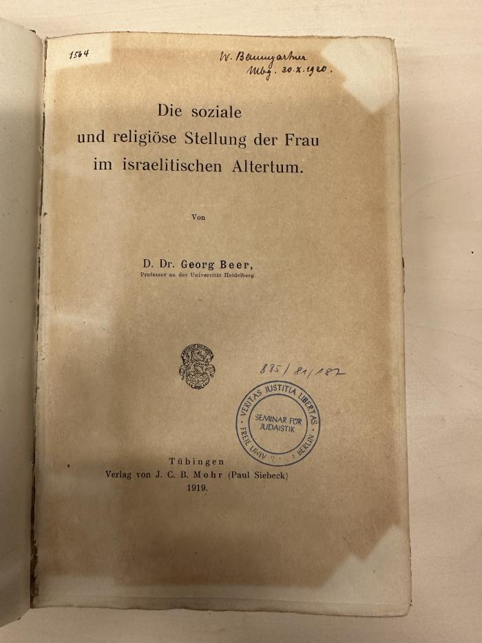 BC 8720 B415 : Die soziale und religiöse Stellung der Frau im israelitischen Altertum. (1919)