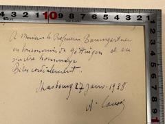 - (Causse, A.;Baumgartner, Walter), Von Hand: Annotation, Name, Datum, Ortsangabe; 'A monsieur le Professeur Baumgartner
En bon souvenir de Göttingen et en sincère hommage
Bien cordialement
Strasbourg 27. Jan
A. Causse'. 