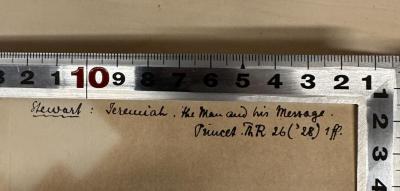 - (Baumgartner, Walter), Von Hand: Annotation; 'Stewart: Jeremiah. the Man and his Message.
[XX]. ThR 26 ('28) 1 ff.'. 