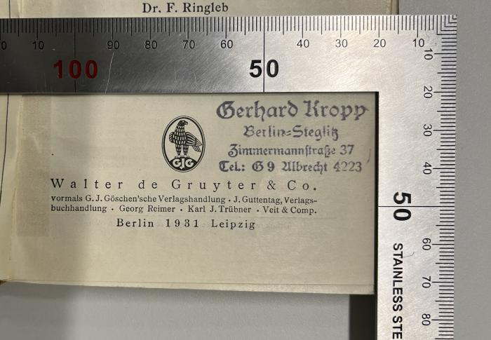 SH 500 B928(2.1931) : Mathematische Formelsammlung (1931);- (Kropp, Gerhard), Stempel: Name, Ortsangabe; 'Gerhard Kropp Berlin-Steglitz Zimmermannstraße 37 Tel.: G9 Albrecht 4223'.  (Prototyp)