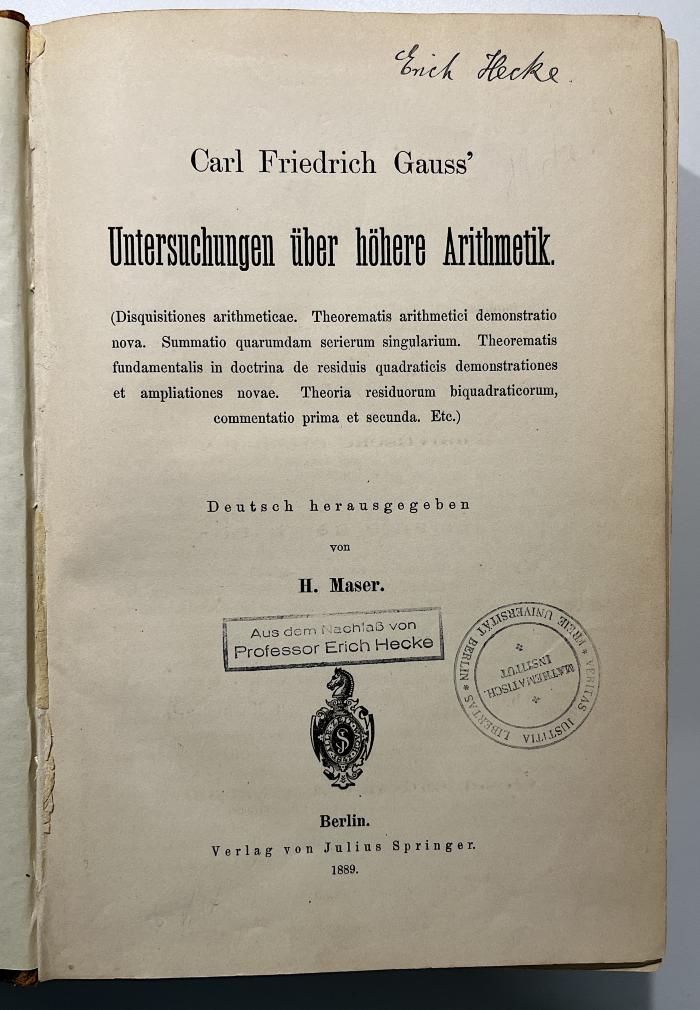 SF 3160 M396 D6D : Carl Friedrich Gauss' Untersuchungen über höhere Arithmetik  (1889)