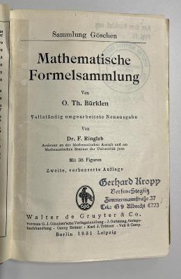 SH 500 B928(2.1931) : Mathematische Formelsammlung (1931)