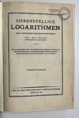 SH 700 P481 : Siebenstellige Logarithmen der trigonometrischen Funktionen (1921)