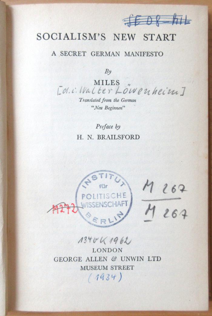 M 267 134  : Socialism's New Start - A Secret German Manifesto (1934)