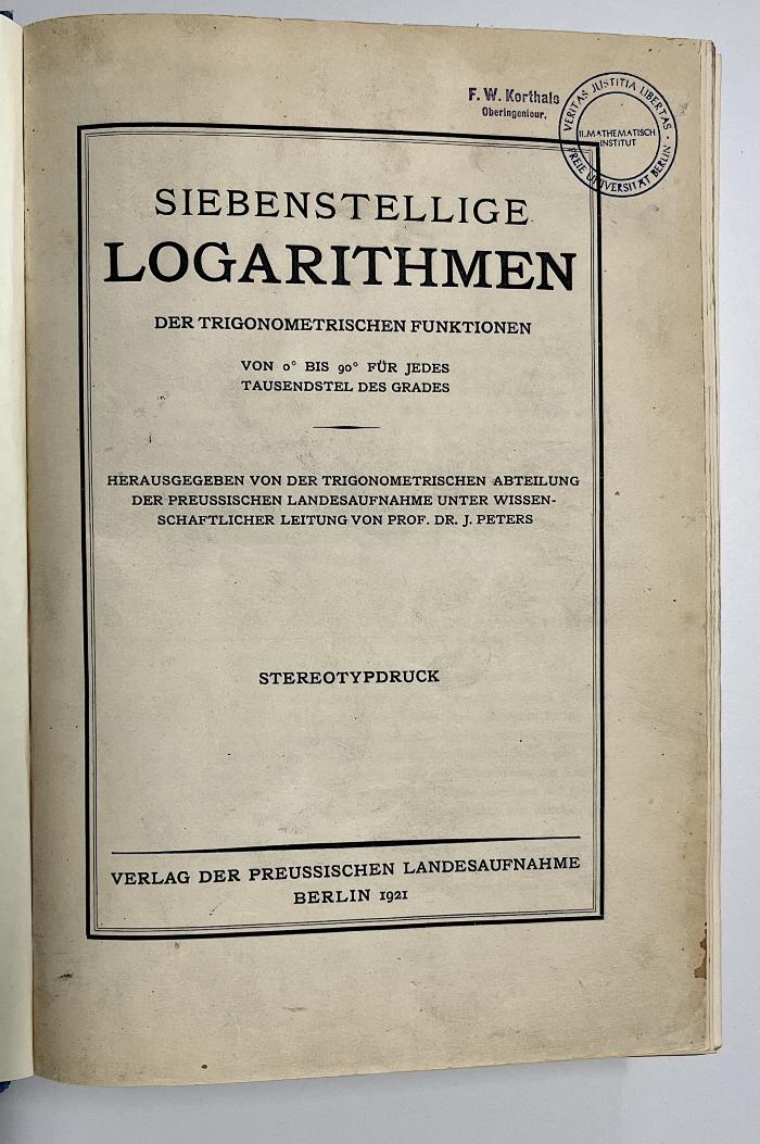 SH 700 P481 : Siebenstellige Logarithmen der trigonometrischen Funktionen (1921)