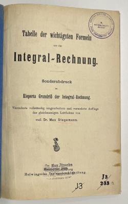 SH 500 S817(14) : Tabelle der wichtigsten Formeln aus der Integral - Rechnung (1929)