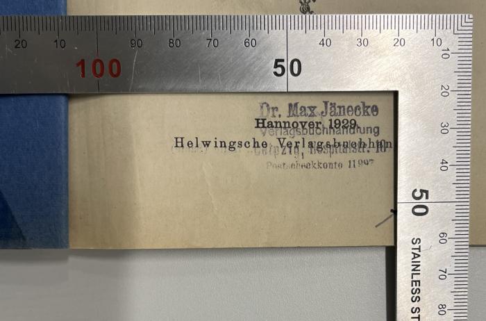 SH 500 S817(14) : Tabelle der wichtigsten Formeln aus der Integral - Rechnung (1929);- (Dr. Max Jänecke Verlagsbuchhandlung), Stempel: Name, Ortsangabe; 'Dr. Max Jänecke Verlagsbuchhandlung Leipzig, …str. 10 Postscheckkonto 11997'. 