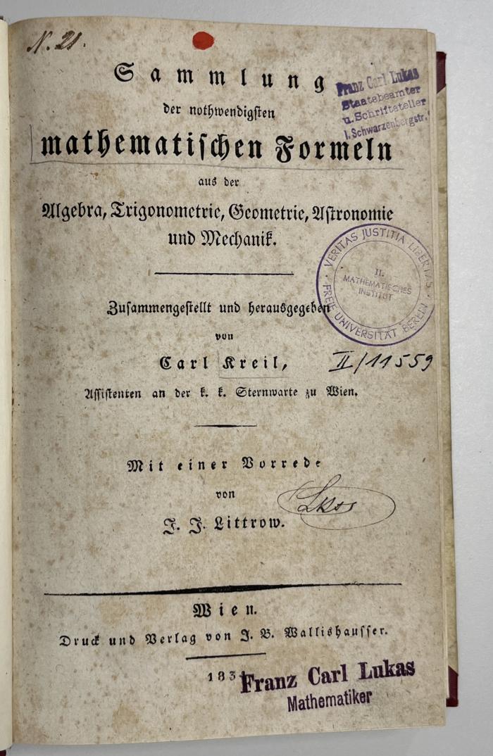 SH 500 K92 S1 : Sammlung der nothwendigsten mathematischen Formeln aus der Algebra, Trigonometrie, Geometrie, Astronomie und Mechanik (1831)