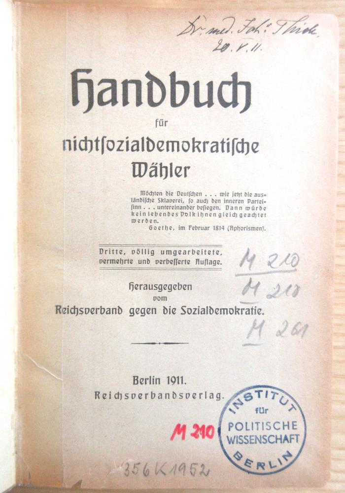 M 210 114(3) : Handbuch für nichtsozialdemokratische Wähler  (1911)