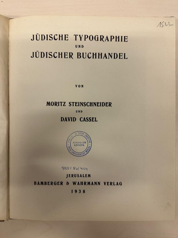 BD 1190 S823 J9 : Jüdische Typographie und jüdischer Buchhandel (1938)