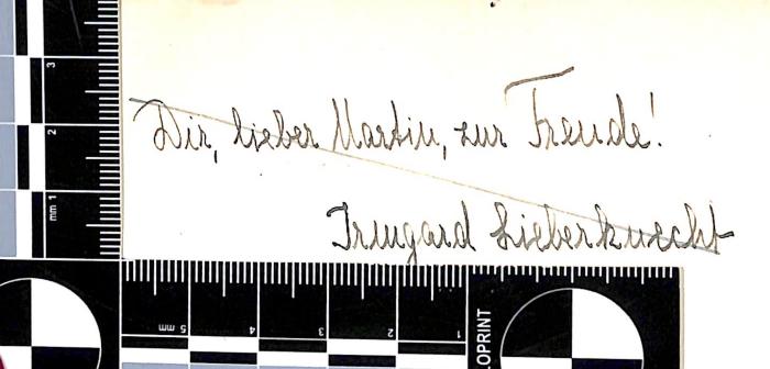 - (Lieberknecht, Irmgard;[...], Martin), Von Hand: Widmung, Name, Datum; 'Dir, lieber Martin, zur Freude! / Irmgard Lieberknecht / Hannover, d. 25.III.28.'. 