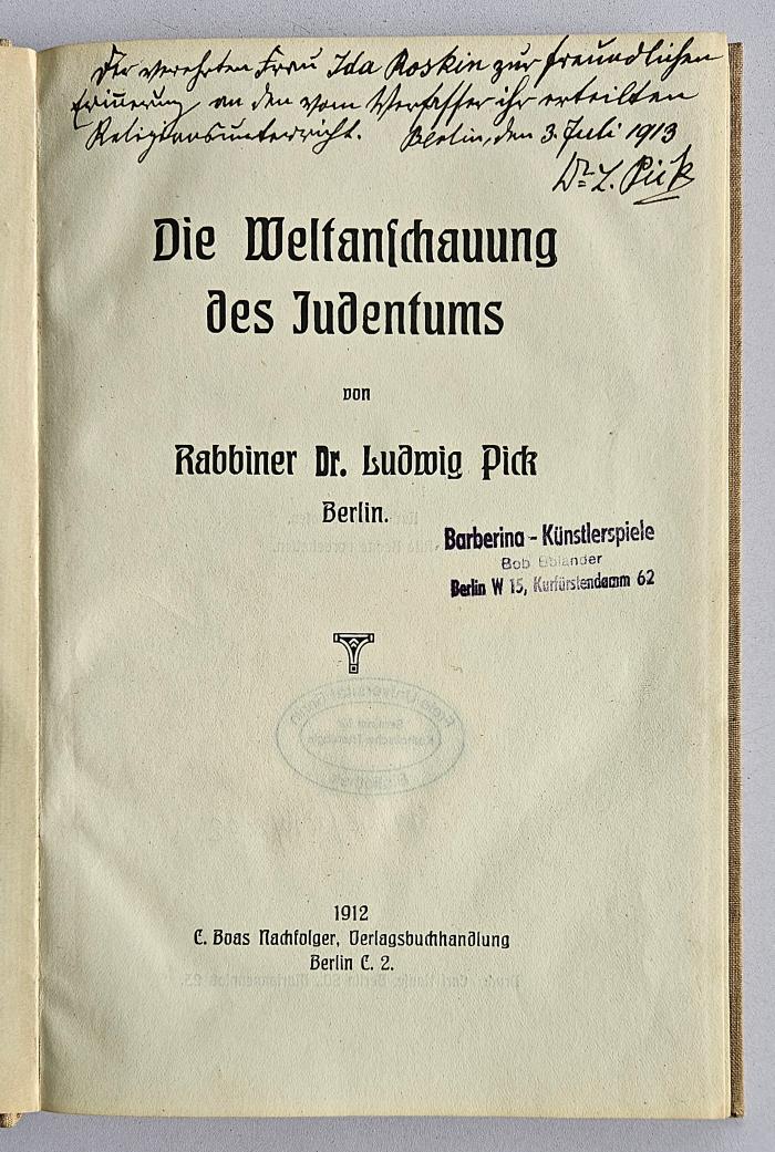 BD 1200 P594 : Die Weltanschauung des Judentums (1912)