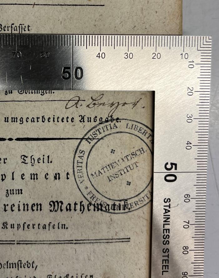 GB M 2042 : Grundlehren der allgmeinen Größenberechnung, als Supplement zum Grundrisse der Mathematik (1805);- (Lenger, A.), Von Hand: Autogramm, Name; 'A. Lenger.[?]'. 