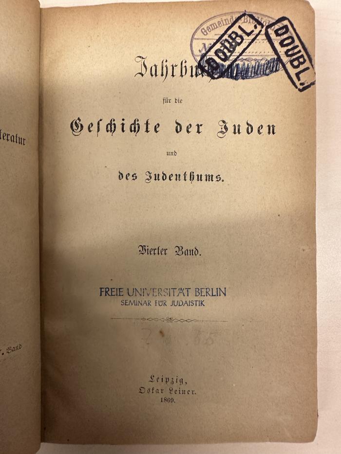 BD 1220 J25-4 4. 1869: Jahrbuch für die Geschichte der Juden und des Judenthums (1869) (1869)