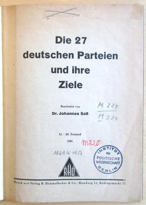 M 220 108 : Die 27 deutschen Parteien und ihre Ziele  (1931)