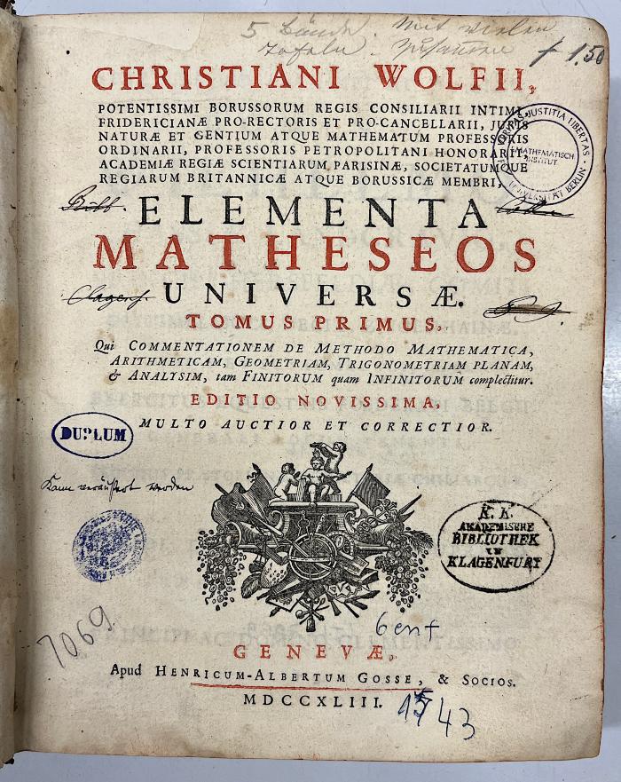 GB M 2116 : Christiani Wolfii .. Elementa Matheseos Universae (1743)