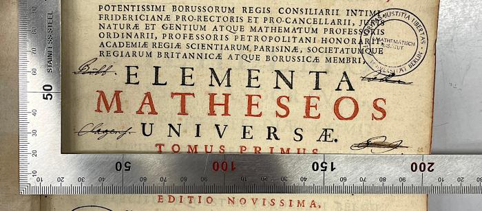 GB M 2116 : Christiani Wolfii .. Elementa Matheseos Universae (1743);-, Von Hand: Name, Ortsangabe; 'Bibl. Co... Clagenf. [...]'