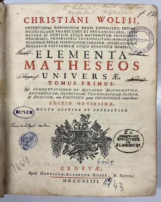 GB M 2116 : Christiani Wolfii .. Elementa Matheseos Universae (1743)