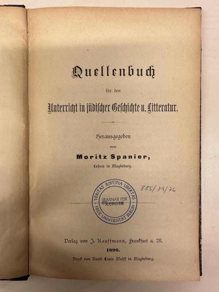 BD 1230 S735 : Quellenbuch für den Unterricht in jüdischer Geschichte und Litteratur (1890)