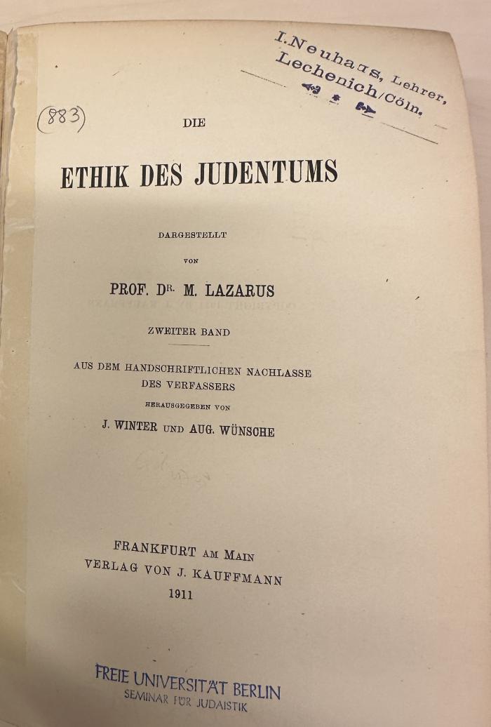 BD 1230 L431-2+2 : Die Ethik des Judenthums.[ 2] (1911)