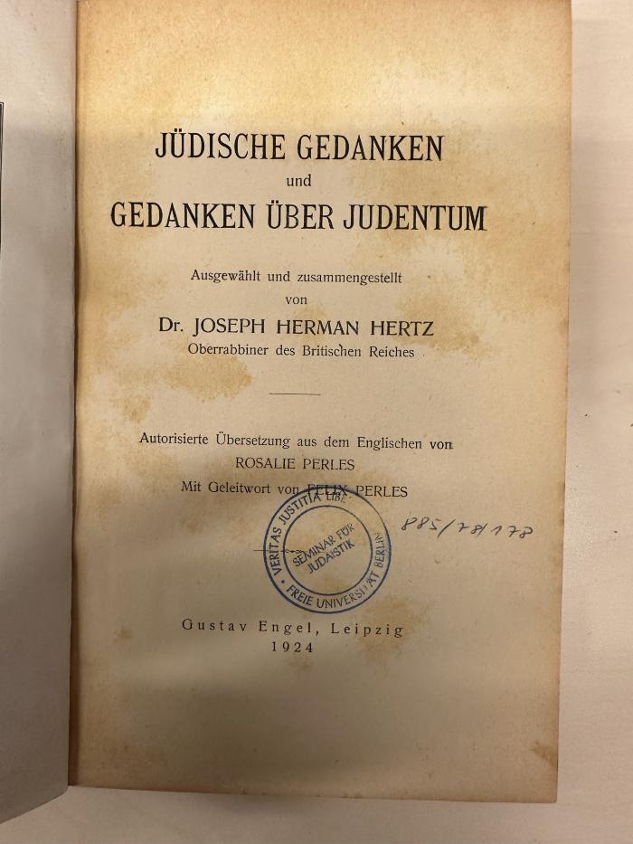 BD 1280 H576 : Jüdische Gedanken und Gedanken über Judentum : Autoris. (1924)