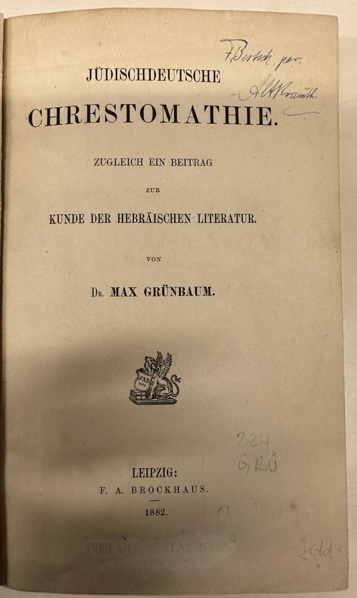 BD 1280 G886+2 : Jüdischdeutsche Chrestomathie : zugleich ein Beitrag zur Kunde der hebräischen Literatur (1882)