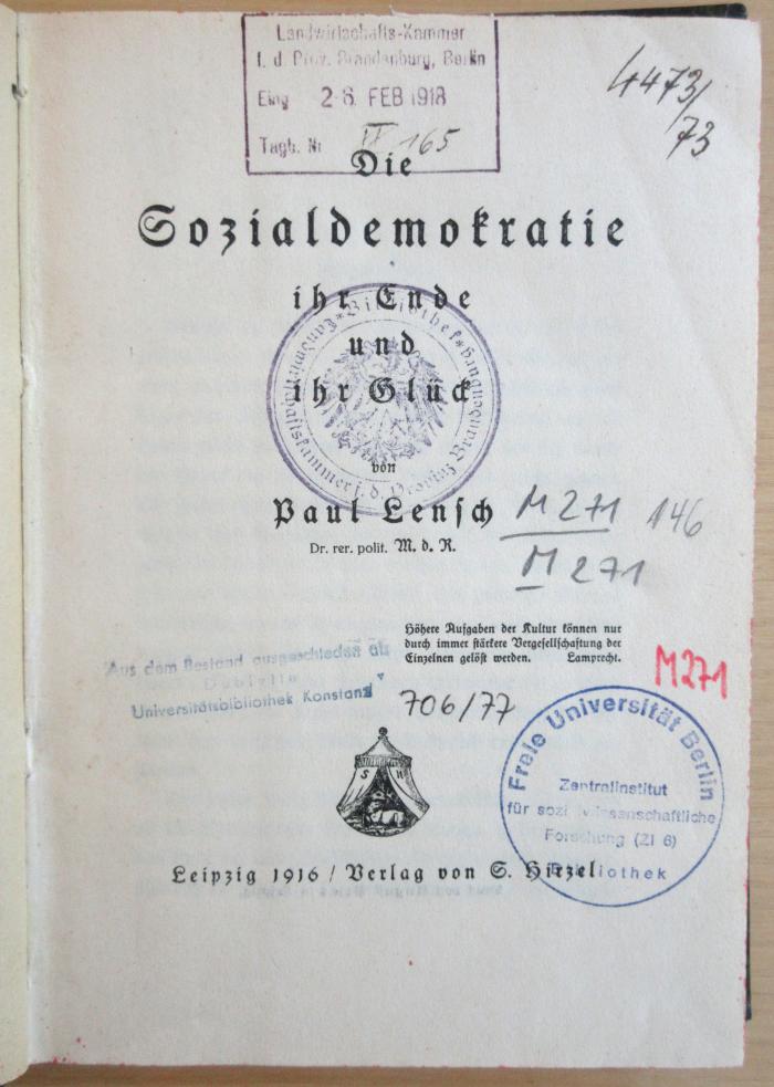 M 271 146 : Die Sozialdemokratie ihr Ende und ihr Glück (1916)