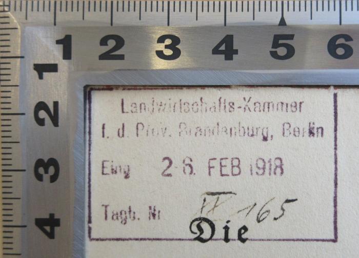 - (Landwirtschaftskammer für die Provinz Brandenburg und für Berlin), Stempel: Berufsangabe/Titel/Branche, Datum, Nummer; 'Landwirtschaftskammer f. d. Prov. Brandenburg, Berlin; Eing. 28. Feb 1918, Tagb. Nr XX 165'. 