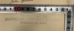 - (Marcus Horowitz-Loge Frankfurt am Main), Stempel: Ortsangabe, Name; 'Überreicht von der 
MARCUS HOROWITZ-LOGE
Frankfurt am Main'.  (Prototyp)
