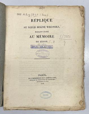 GB M 2089 : Réplique au Sieur Hoëné Wronski, faisant suite au mémoire de Arson (1818)