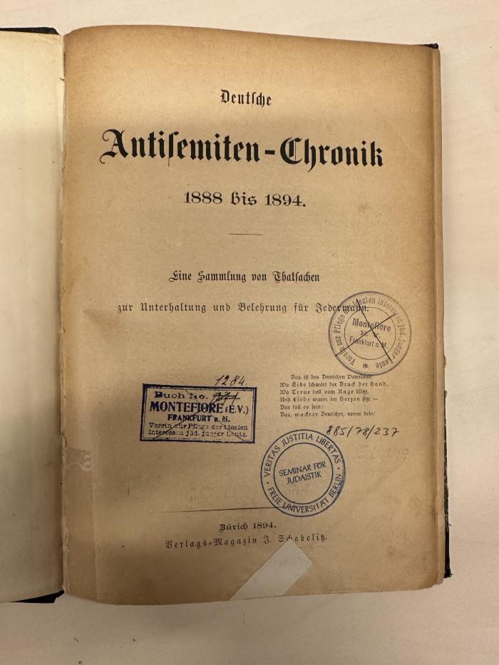 BD 1300 A633 : Deutsche Antisemiten-Chronik : eine Sammlung von Tatsachen zur Unterhaltung und Belehrung für Jedermann. (1894)