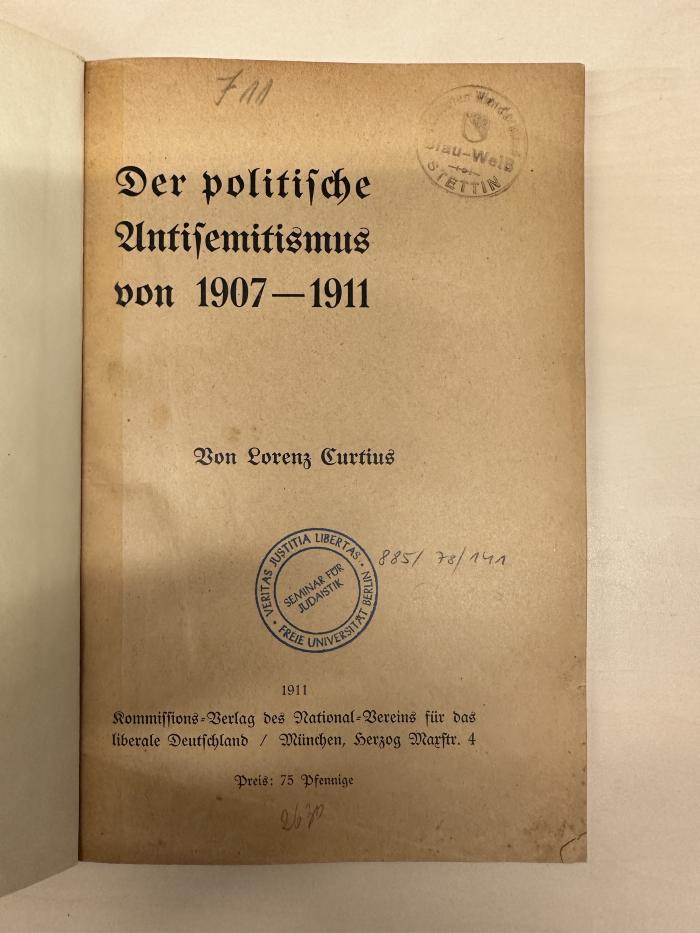 BD 1300 C981 : Der politische Antisemitismus von 1907-1911. (1911)