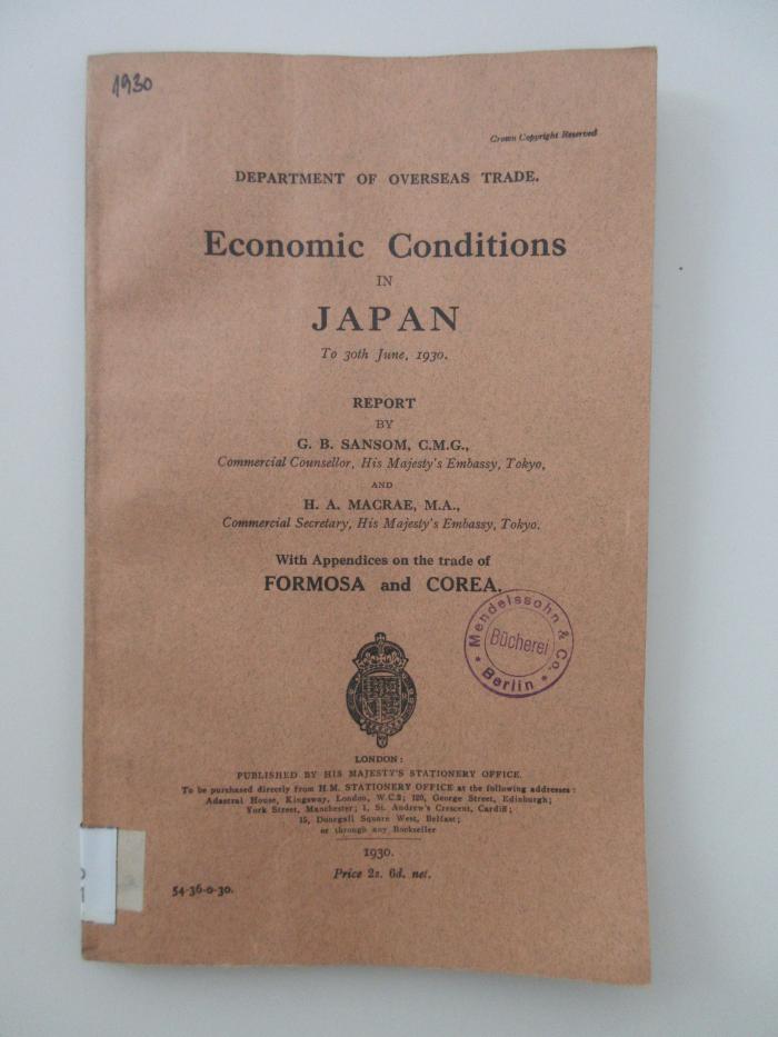 Ieb 501 : Economic Conditions in Japan to 30th June, 1930 (1930)