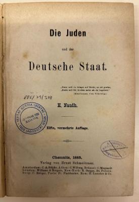 BD 1300 N292(11) : Die Juden und der deutsche Staat (1883)