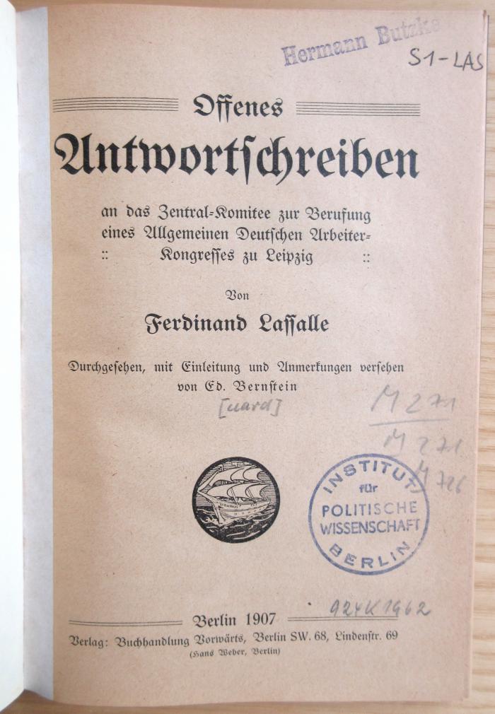 M 271 232 : Offenes Antwortschreiben an das Zentral-Komitee zur Berufung eines Allgemeinen Deutschen Arbeiter-Kongresses zu Leipzig  (1907)