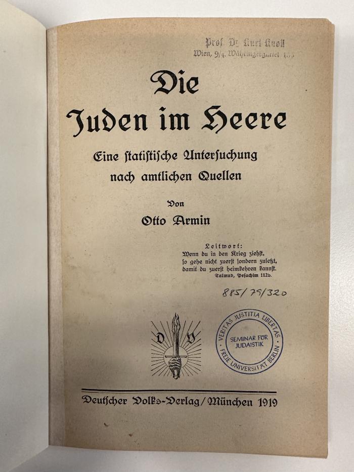 BD 1300 A729 : Die Juden im Heere : eine statistische Untersuchung nach amtlichen Quellen (1919)