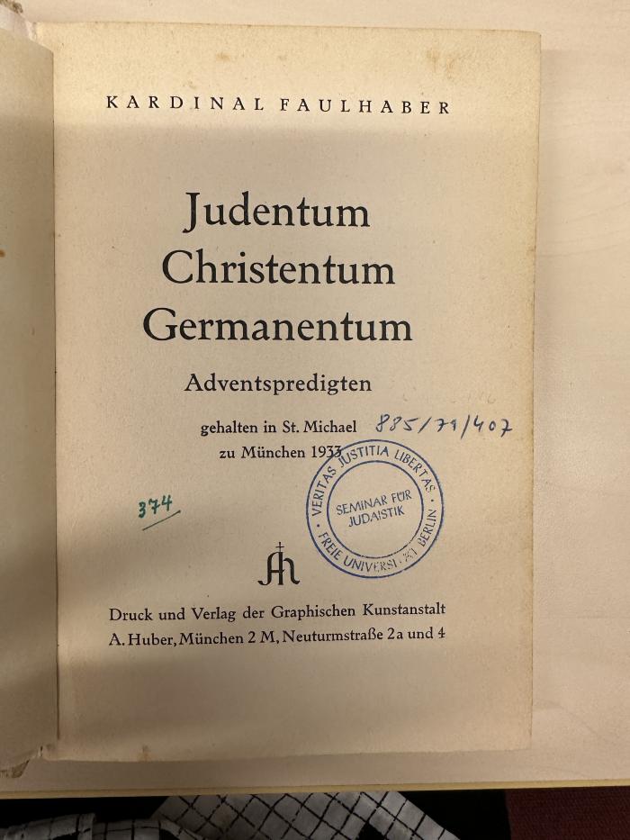BD 1470 F262 : Judentum, Christentum, Germanentum : Adventspredigten gehalten in St. Michael zu München 1933 (1934)