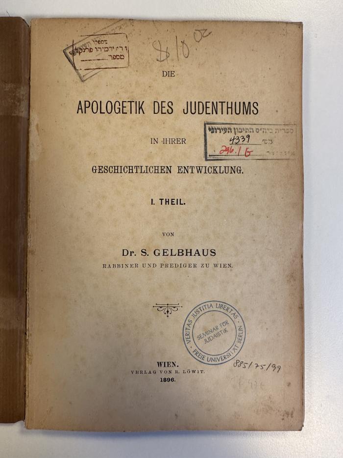 BD 1560 G314 : Die Apologetik des Judenthums in ihrer geschichtlichen Entwicklung. 1. (1896)