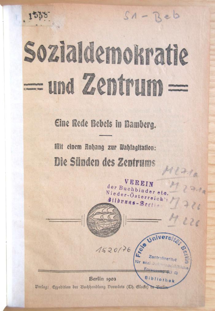 M 271a 140 : Sozialdemokratie und Zentrum - Eine Rede Bebels in Bamberg  (1903)