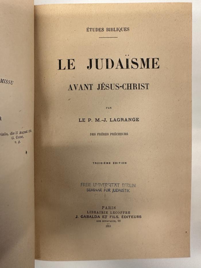 BD 2700 L178 : Le judaïsme avant Jésus-Christ (1931)